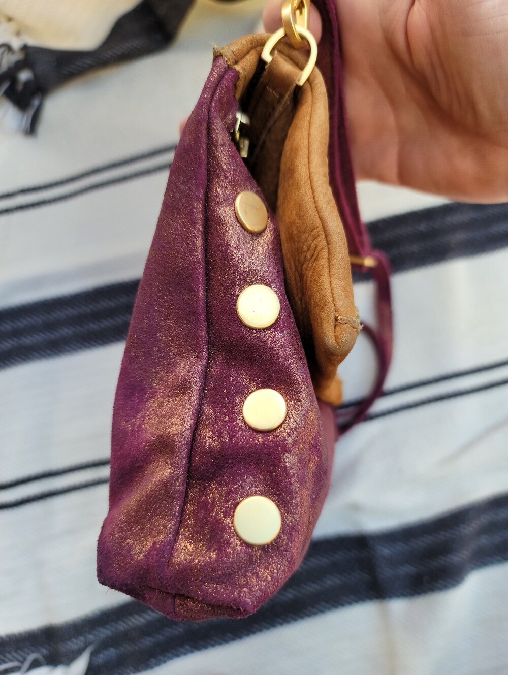 Hammit Leather Fold-Over Crossbody Bag in Brown and Plum with Gold Accents - Picture 4 of 15